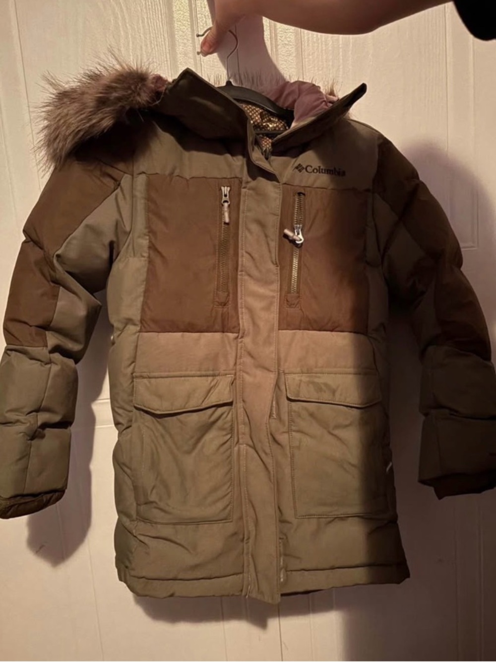 Columbia Kids Two-Tone Olive & Brown Winter Puffer Coat with Faux Fur Hood